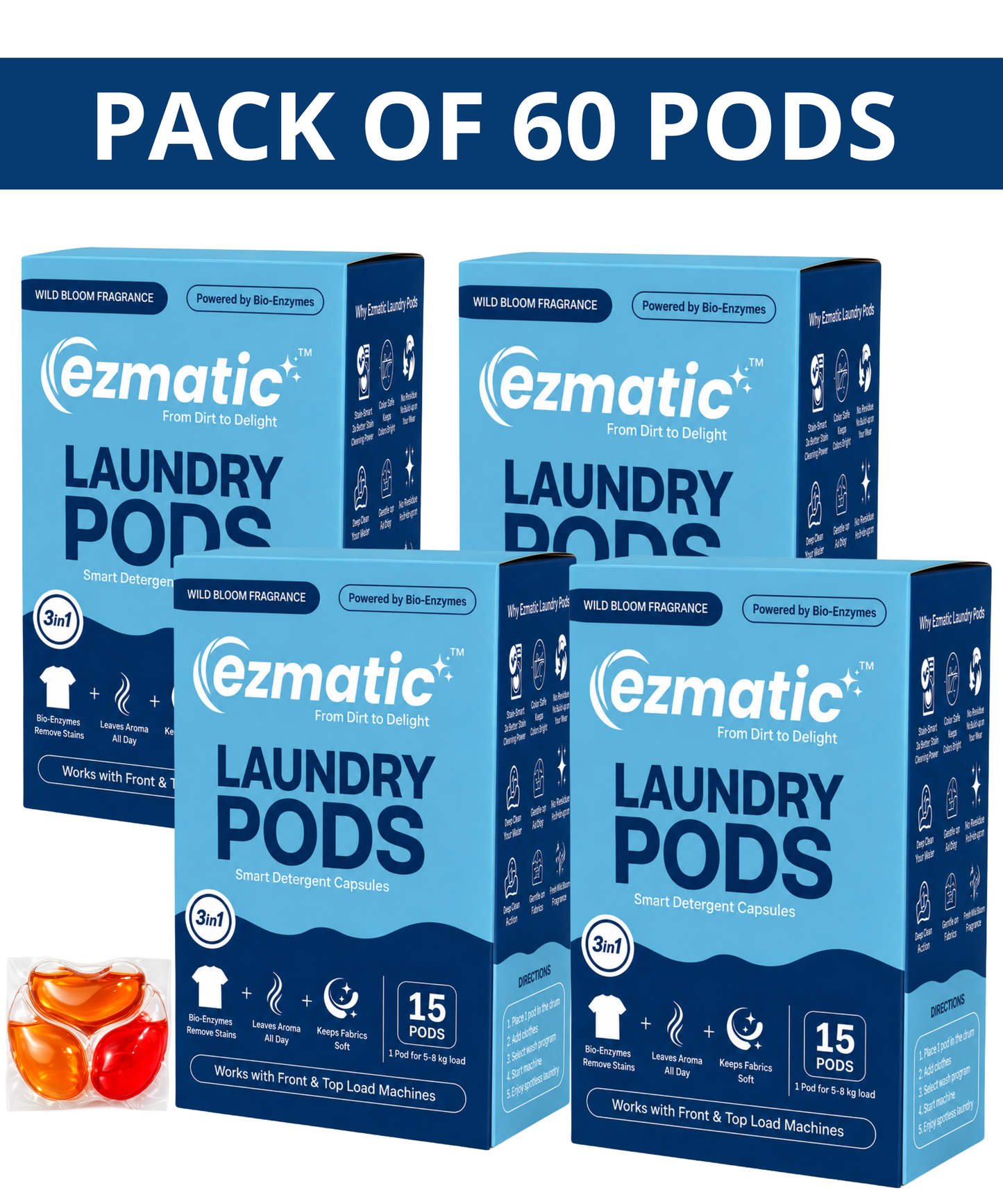 3-in-1 Laundry Pods — Tough Stain Removal, Brightening and Fabric Softening