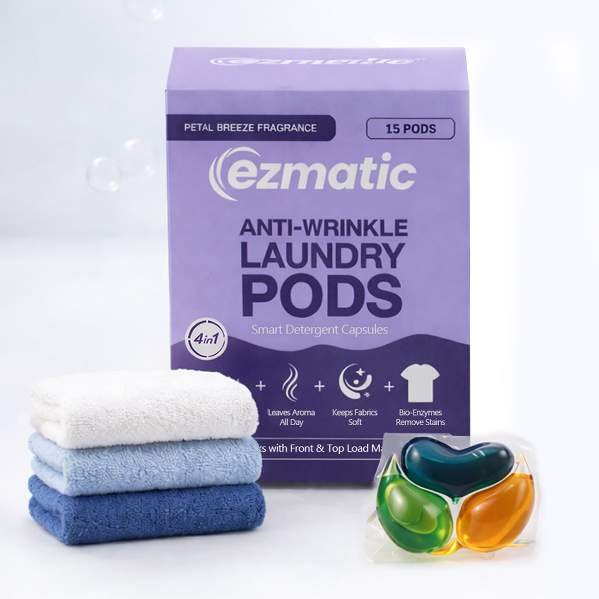 4-in-1 Anti-Wrinkle Laundry Pods - Wrinkle Release, Tough Stain Removal, Brightening and Fabric Softening